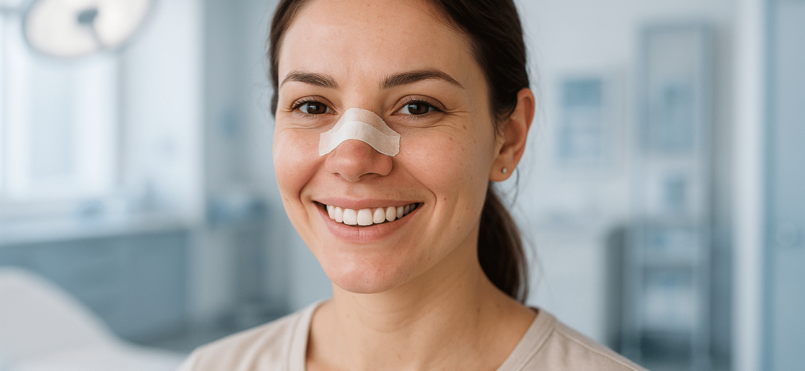 A realistic digital illustration of a confident woman smiling after rhinoplasty surgery, with subtle bandages, modern medical setting in soft white and blue tones, inspired by cosmetic transformation themes