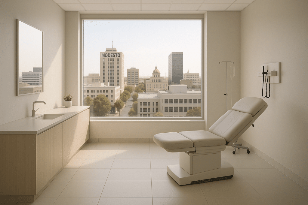 Modesto downtown skyline with clean modern clinic interior, neutral tones, soft daylight, minimalist medical aesthetic.