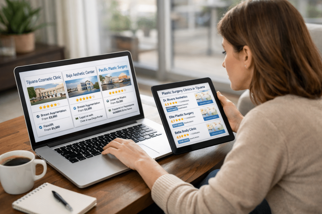 Patient comparing plastic surgery reviews in Mexico before choosing a clinic in Tijuana from California
