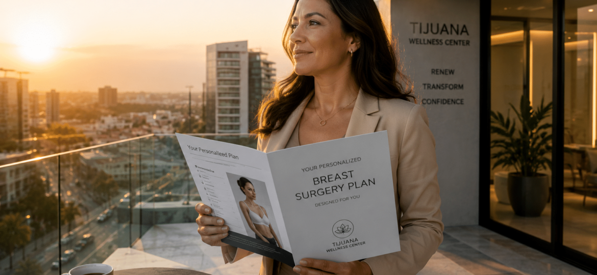 Woman researching Tijuana breast lift surgery and breast rejuvenation options in Mexico before traveling from California