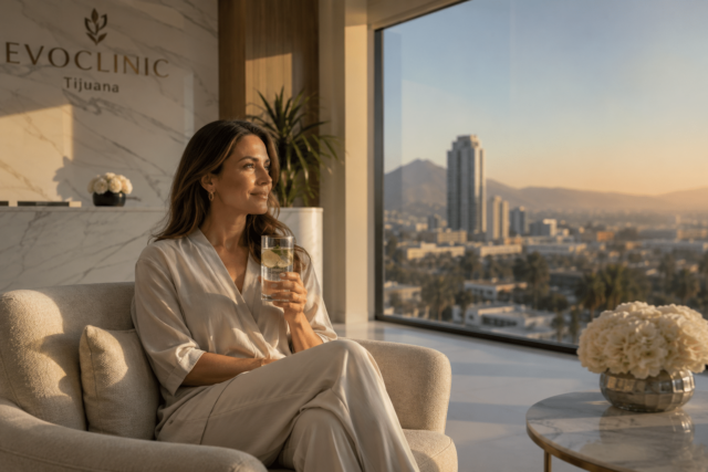 A sophisticated woman in her early 40s, looking elegant and relaxed, sits in a sunlit, modern private lounge at Evoclinic in Tijuana.