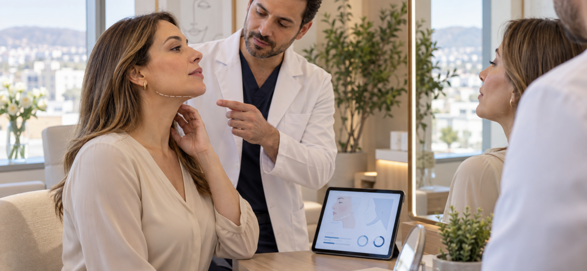 Woman discussing chin liposuction in Mexico during a facial contouring consultation.