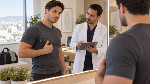 Man discussing gynecomastia prevention and persistent chest tissue with a plastic surgeon.